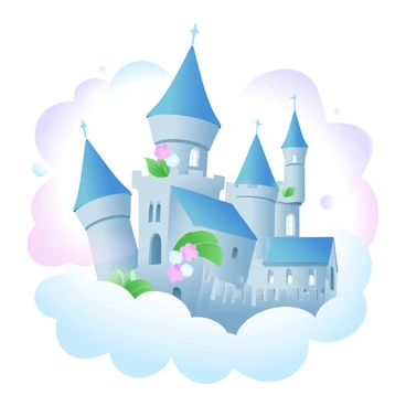 A grand castle with tall spires and intricate architectural details is floating among fluffy white clouds. The sky is filled with soft, gradient pastel colors ranging from light pink to pale blue. The castle is surrounded by wisps of clouds that drift lazily around its towers. Lush greenery can be seen on the castle's balconies, with vibrant flowers adding splashes of color. A soft glow emanates from the windows, giving the scene a warm and inviting feel.