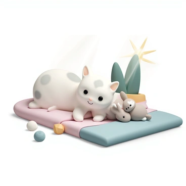A cute cat with fluffy fur, large round eyes, and small ears is lying down in a cozy corner of a room. The cat is white with light gray patches and has a playful expression. A small bunny, with soft, fluffy fur and long ears, is nestled beside the cat. The bunny is a light brown color with a white patch on its forehead. Sunlight streams through a nearby window, illuminating the scene and casting gentle shadows. Both animals are curled together on a soft, colorful blanket, surrounded by a few scattered toys and a houseplant in the background.