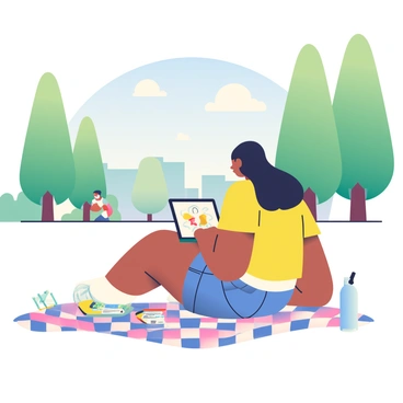 An illustrator with light brown skin and long black hair is sitting on a checkered picnic blanket in a Portland park, focused on creating a digital drawing on a laptop. She is wearing a casual, bright yellow t-shirt and denim shorts. Around her are various art supplies, including a sketchbook, colored pencils, and a water bottle. Nearby, there are tall green trees providing shade, and a few people can be seen enjoying the park in the background. The soft blue sky overhead is dotted with fluffy white clouds.