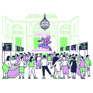 A scene inside Grand Central Terminal during rush hour. The terminal is bustling with people, some waiting by the ticket counters while others are hurrying towards the platforms. In the center of the image, "Spider-Man" is swinging from a large chandelier, his suit prominently displayed as he navigates through the crowd. The architecture of the terminal features high ceilings with ornate details and large windows. The marble floors are busy with commuters wearing a variety of outfits, and several digital signs displaying train information are visible in the background.