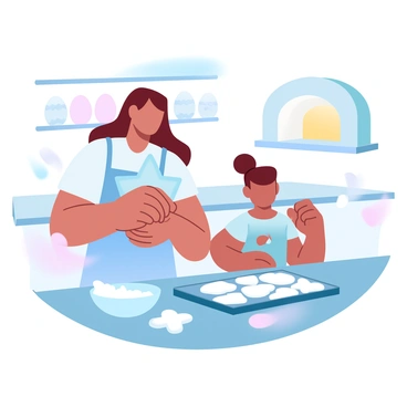 A mother is standing at a kitchen counter with a bowl of cookie dough while her child is beside her, both covered in flour. The mother is wearing an apron, and the child is holding a cookie cutter shaped like a star. The kitchen is filled with baking ingredients like sugar, eggs, and chocolate chips scattered around. A tray with cookie shapes is on the counter, and a warm glow emanates from the oven in the background. A few spilled flour clouds are visible on the counter, adding to the playful atmosphere.