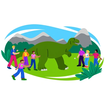An iguanodon walking through a lush, green prehistoric-themed park. The dinosaur is depicted with its distinctive thumb spikes and a robust body. Surrounding the iguanodon are excited visitors of various ages, some pointing and taking photos, while others are smiling and chatting. The park features vibrant tropical plants and large rock formations in the background, with a clear blue sky above. In the foreground, a child wearing a dinosaur-themed shirt stretches out a hand toward the iguanodon in awe.
