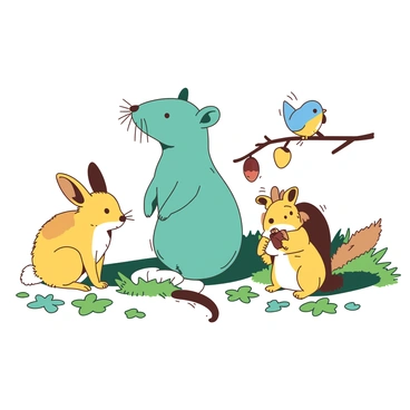 A teal shrew stands in the center of a friendly gathering surrounded by various small woodland creatures. To the left of the shrew, a small yellow rabbit with fluffy fur sits, its ears perked up in curiosity. On the right, a yellow squirrel with a bushy tail is holding an acorn, looking at the shrew with interest. In the background, a small blue bird perches on a branch, chirping happily. The ground is covered in green grass and scattered colorful leaves, adding to the inviting atmosphere of the gathering.