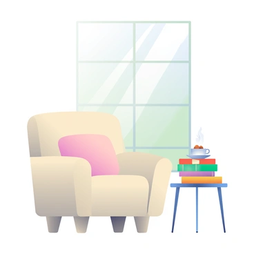 A cozy chair with soft fabric and a light beige color is positioned next to a large window. The chair has plush cushions and slightly curved armrests. A small round wooden table is placed beside the chair, holding a stack of colorful books with various cover designs. On top of the stack, a white ceramic cup filled with steaming tea is resting, with a delicate saucer underneath. Natural light is filtering through the window, casting gentle shadows across the scene.
