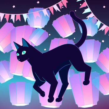 A sleek black cat with bright green eyes is weaving gracefully through a cluster of vibrant paper lanterns. The lanterns are illuminated in various colors, casting a warm and festive glow against the night sky. The cat's fur shines subtly in the soft light as it navigates between the lanterns, its tail gracefully swaying behind it. Surrounding the scene are hints of festival decorations, such as banners and streamers, adding to the lively atmosphere of the night.