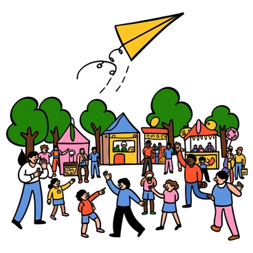 A lively festival scene with many people celebrating. Some people are dancing, while others are chatting and laughing. There are colorful decorations and banners hanging from trees and stalls. In the sky, a giant Icarus kite soars, its wings outstretched and vibrant colors shining in the sunlight. Children are pointing excitedly at the kite, and adults are taking pictures. Various food stalls are visible, offering treats like cotton candy and popcorn. The atmosphere is filled with joy and festivity.