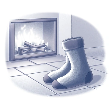 A pair of fuzzy socks is resting on a wooden floor. The socks have a textured appearance, showcasing their warmth and comfort. Nearby, a fireplace is visible, with flames dancing gently within the hearth, creating a cozy atmosphere. The surrounding area includes wooden floorboards that enhance the rustic feel of the scene.