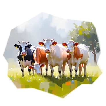 A group of three cows with varying colors including black, white, and brown, standing peacefully in a lush green pasture. The cows are grazing contentedly, with raindrops falling softly around them, creating small splashes on the ground. The sky is overcast with gray clouds, and the grass is glistening with moisture. A few trees with thick foliage are visible in the background, partially shrouded in mist. The overall scene conveys a sense of calmness and tranquility.
