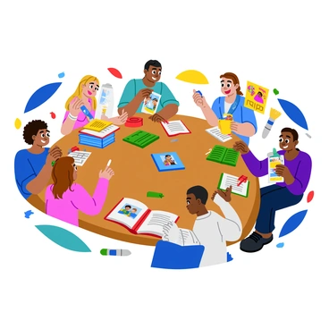 Scott and Knives are sitting at a large wooden table, surrounded by colorful materials for their scrapbook. They are surrounded by their friends, all smiling and laughing as they work together. The table is covered with various patterned papers, scissors, glue sticks, and an array of stickers. Scott is gluing down a photo of a fun day at the beach, while Knives is carefully placing a decorative border around another picture. Their friends are sharing stories and holding up memories, with some showing vibrant photos of their group outings. Brightly colored markers are scattered around as everyone writes captions for their memories. A few open scrapbooks are visible, showcasing previous pages filled with joyful moments.