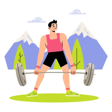 An athlete with a focused expression is performing barbell rows. The athlete is wearing a bright red tank top and black shorts. They are gripping a shiny silver barbell, bending slightly at the knees and leaning forward. Lush green grass covers the ground beneath them. In the background, there are towering mountains with snow-capped peaks. The sky is clear blue with a few wispy white clouds. A few trees are scattered around, adding to the natural scenery.