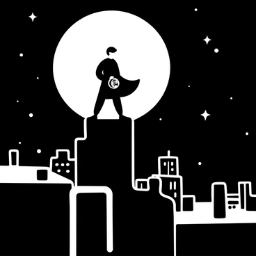 A lone vigilante standing on a rooftop, with a long coat billowing in the wind. The figure is outlined sharply in black against the bright white of a full moon. The rooftop is detailed with chimneys and ventilation pipes, and the vigilante holds a gadget in one hand. The scene includes a dark city skyline in the background, with buildings reaching towards the sky, emphasizing the height of the rooftop. Stars are scattered in the black sky, adding to the atmosphere of the night.