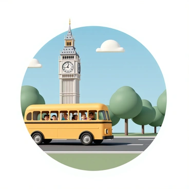 A bright yellow school bus is driving along a road, passing by the iconic "Big Ben" clock tower in London. The clock tower stands tall with its intricate Gothic architecture, showcasing detailed stone carvings and its clock face displaying the time. In the foreground, green trees line the road, providing a natural frame for the scene. The sky is clear with a few fluffy white clouds, adding a vibrant backdrop to the bustling urban environment. The school bus has several windows, and a few students can be seen peering out, smiling and waving.