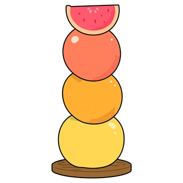 A colorful tower made of round grapefruits stacked on top of each other. The bottom grapefruit is bright yellow, and as the stack rises, the grapefruits transition to a vivid pink. Each grapefruit has a slightly textured skin that catches the light, and the top grapefruit appears to be teetering. The overall structure is tall and unstable, with a playful, whimsical quality. The base where the grapefruits rest is a simple wooden surface, enhancing the focus on the vibrant fruits.