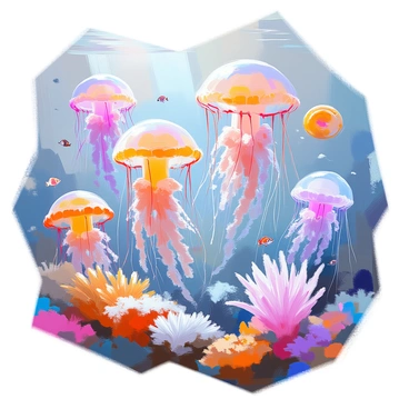An illustration featuring various jellyfish species in a dynamic underwater scene, showcasing their adaptation to different seasonal ocean conditions. In one area, brightly colored jellyfish with long, flowing tentacles are floating gracefully in warm, sunlit waters of summer. Nearby, a different species with a more muted color palette is seen among kelp in cooler, murky waters typical of autumn. Another section depicts jellyfish with thicker bodies and shorter tentacles, thriving in icy waters that represent winter conditions. The environment is alive with other marine elements, such as small fish darting among the jellyfish and corals in various shades surrounding them.