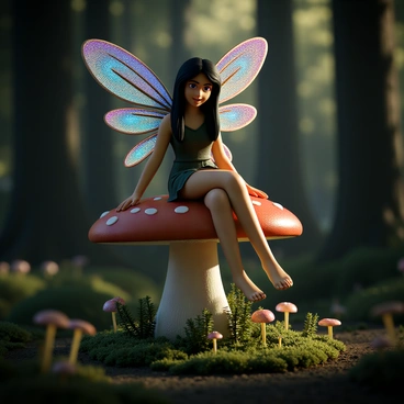 A dark fairy with iridescent wings resting on a mushroom in a dim glade