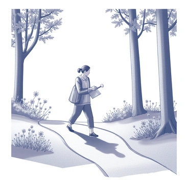 An artist taking a stroll in nature, gathering inspiration from flowers and trees.