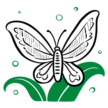 A butterfly with wings made of toothbrush bristles is perched delicately on a green leaf. The bristles are arranged in intricate patterns that mimic the natural veining of butterfly wings. The body of the butterfly is slim and elongated with a texture resembling the handle of a toothbrush. Surrounding the butterfly are small droplets of dew on the leaf, enhancing the overall scene. The background features a subtle hint of blurred foliage, creating a vibrant yet focused environment for the butterfly.
