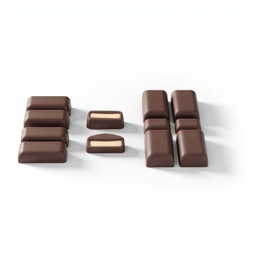 A setup of several chocolate bars, each with distinct pieces clearly visible. The chocolate bars are arranged to visually represent an improper fraction. There are multiple segments of chocolate bars on the left side, indicating the numerator, and a smaller number of complete bars on the right side, indicating the denominator. The chocolate pieces are glossy with a rich, dark brown color, and some bars show layers of filling. The background is a simple, neutral surface that keeps the focus on the chocolate arrangement.