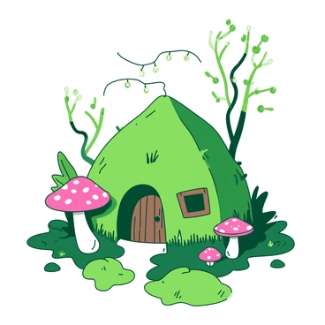 A green whimsical fairy house made of intertwined twigs and soft green moss. The house has a rounded shape with a small arched door made of bark, nestled into the mossy base. Tiny windows, adorned with delicate flower petals, peek out from the sides. Surrounding the house are vibrant, colorful mushrooms scattered across the ground. Above the house, fluttering softly, are small, shimmering fairy lights hanging from the branches of nearby trees. The entire scene is infused with a sense of enchantment.