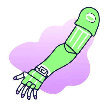 A futuristic bionic arm implant is displayed prominently. The arm features a sleek design with smooth contours and a metallic sheen. Glowing circuits run along its surface, creating a pattern that highlights the advanced technology within. The joints are articulated, allowing for a range of motion, and the fingertips are designed to look dexterous and functional. The background consists of a subtle gradient that enhances the futuristic feel of the arm without drawing attention away from it.
