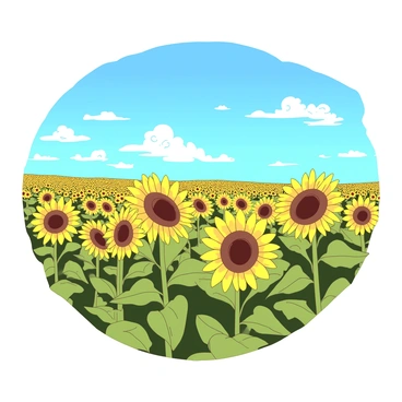 A yellow field of tall sunflowers is swaying gently in the breeze under a clear blue sky. The sunflowers have large, vibrant yellow petals and dark brown centers, creating a striking contrast. Some sunflowers are facing towards the sun, while others are tilted slightly. The field stretches endlessly towards the horizon, giving a sense of depth and openness. A few fluffy white clouds dot the sky, enhancing the brightness of the scene.