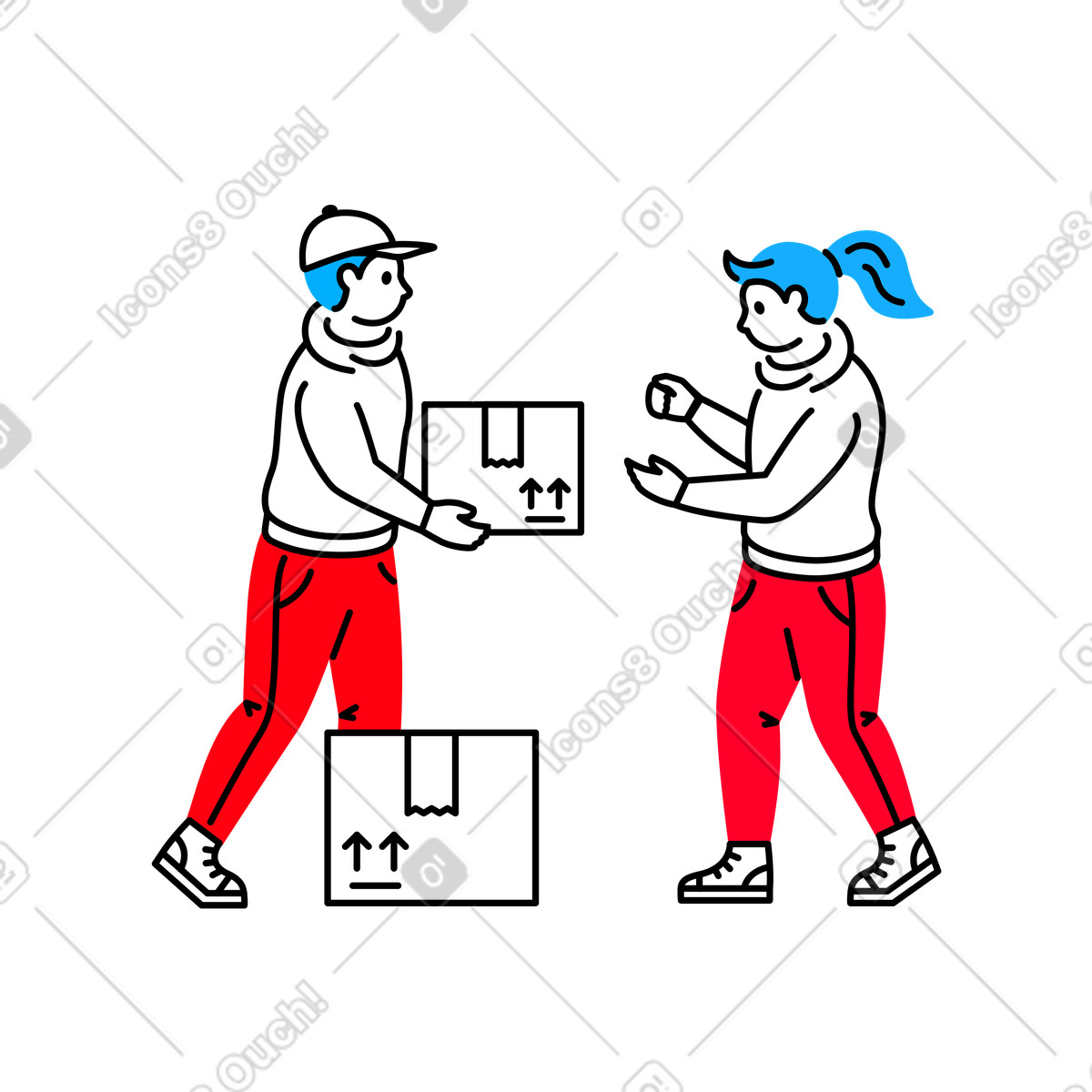 Delivery man handing delivered boxes to woman-Illustration im Transistor-Stil als Download in PNG, SVG