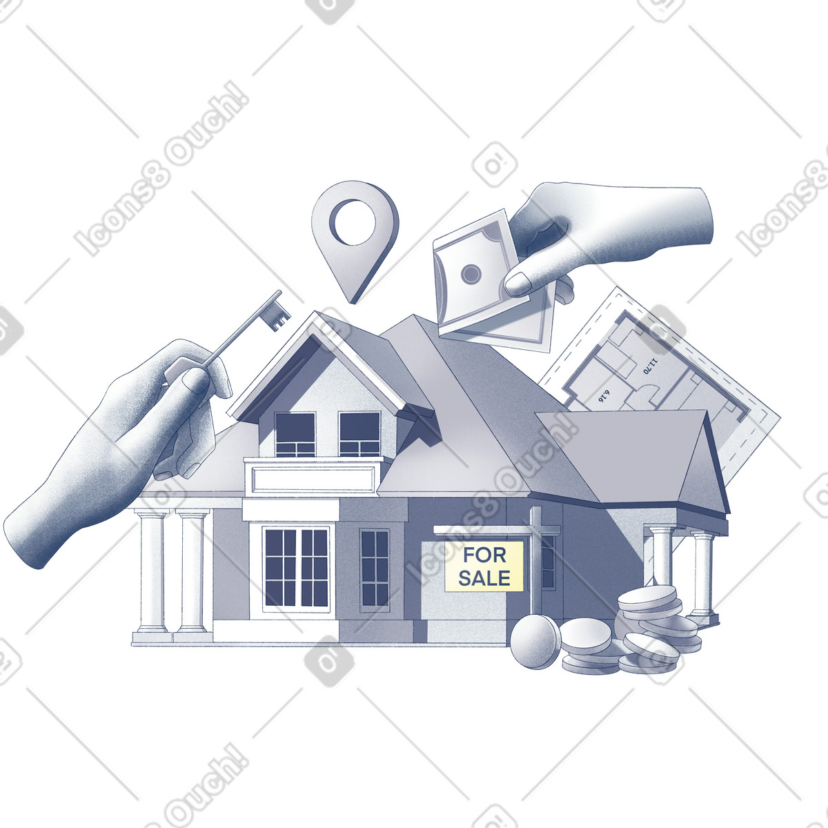 Haze スタイルの Property purchase process with residential house and key のイラストをPNG、SVG形式でダウンロード