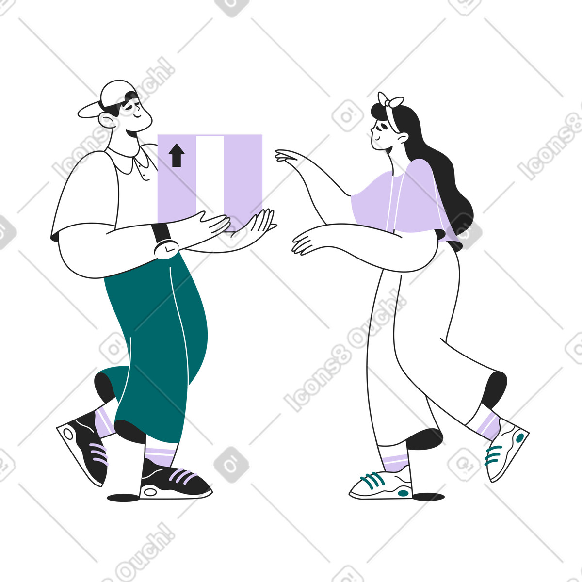 Ilustração de Delivery worker handing package to customer, Online shopping and home em no estilo Sammy Line para baixar em PNG, SVG