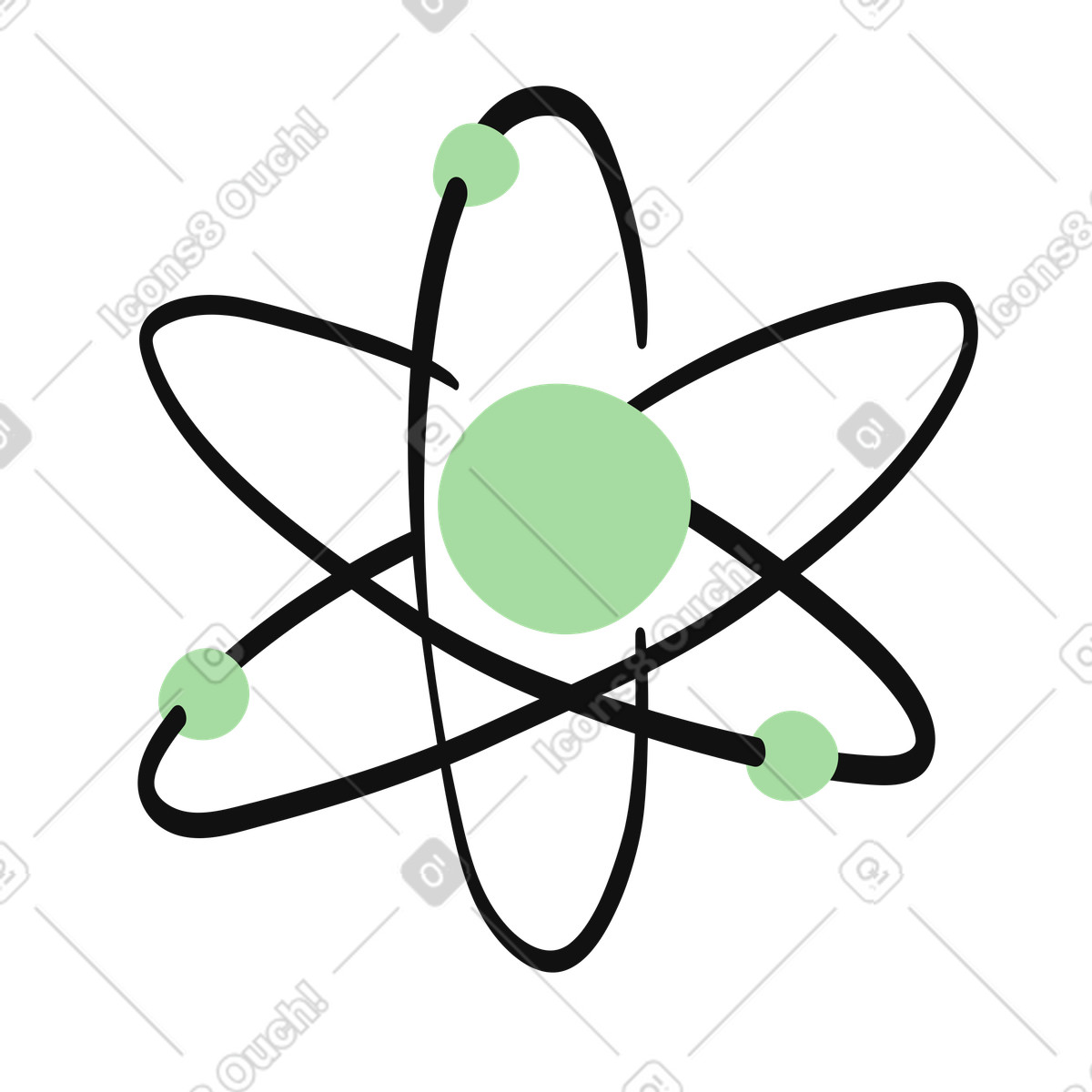 Physics atomic structure with green electrons circling central nucleus-Illustration im Organic-Stil als Download in PNG, SVG