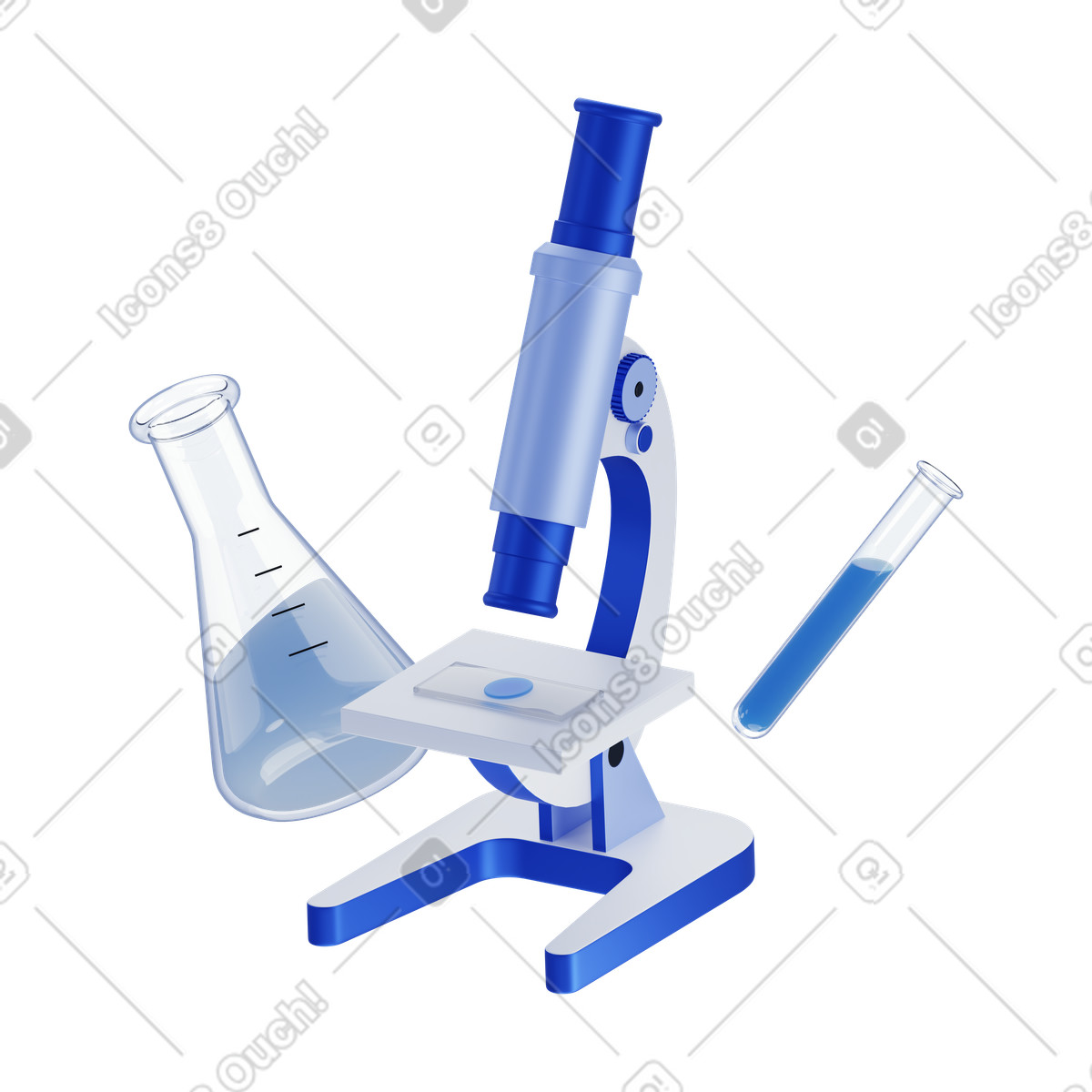 Microscope with science flasks, biology and chemistry experiments animated illustration in 3D Techny style download in GIF, Lottie (JSON), AE
