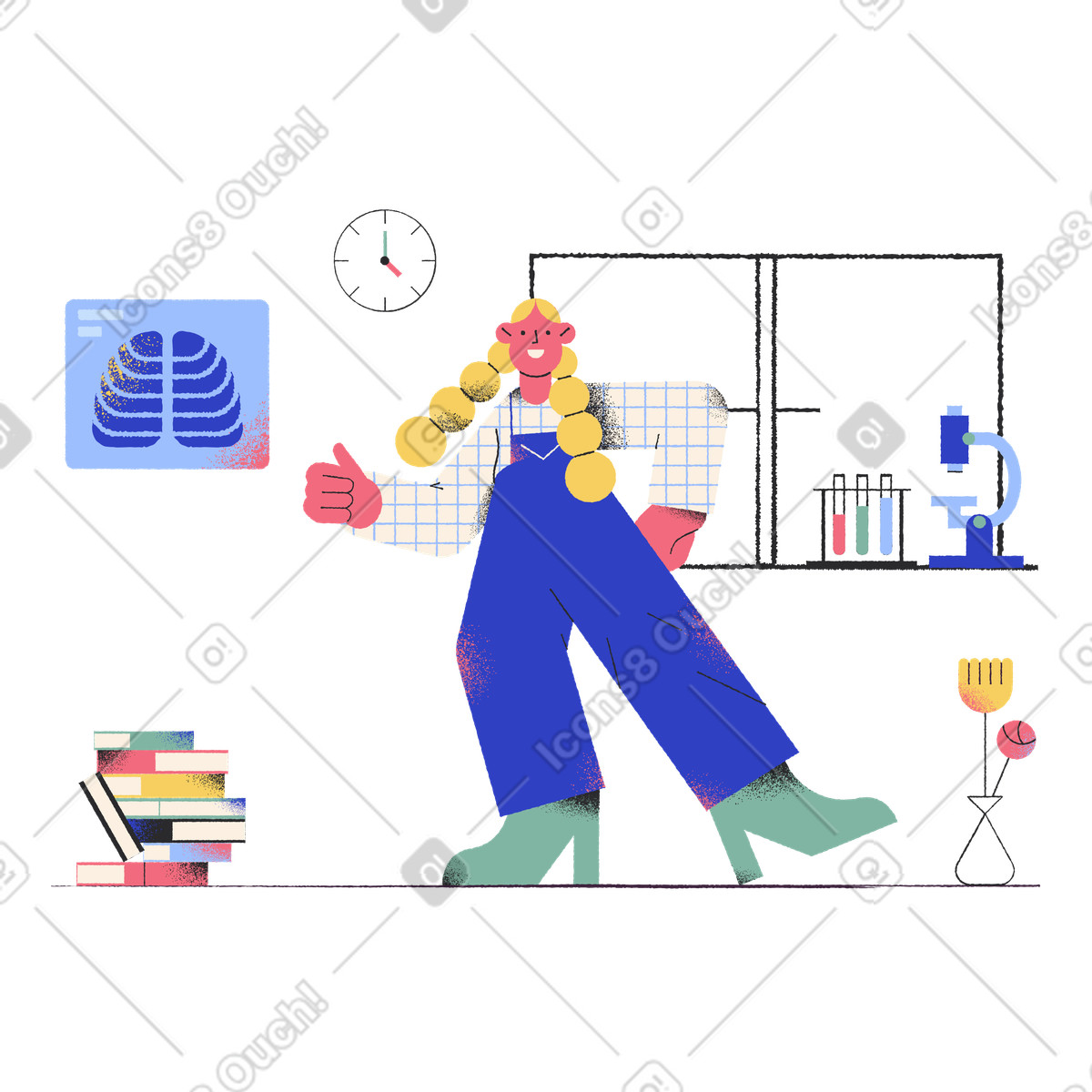 Scienziata in laboratorio che mostra i pollici su illustrazione stile Pablo scarica PNG, SVG