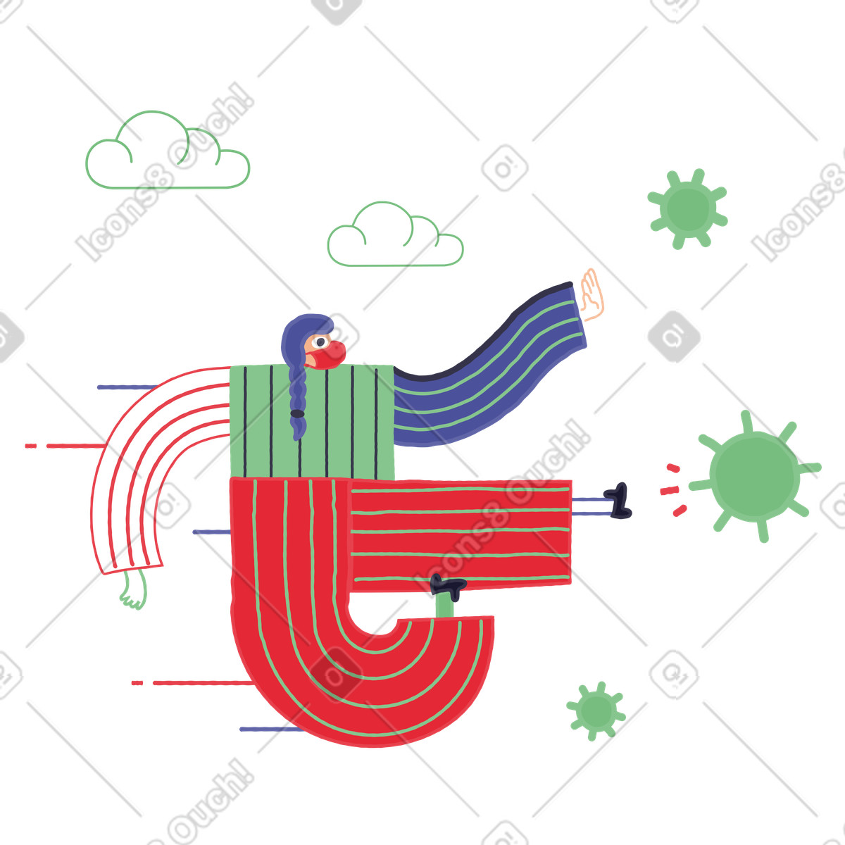 Stripy スタイルの Masked patient attacking floating virus, Infection control and vaccination のイラストをPNG、SVG形式でダウンロード