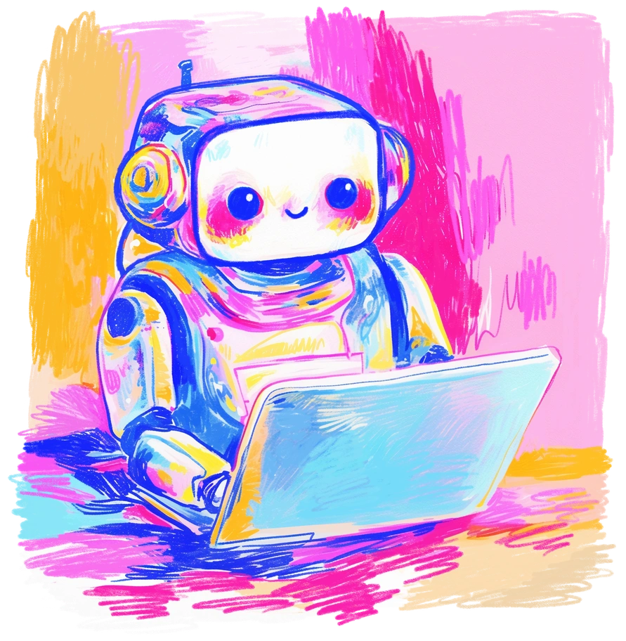 A cute robot typing on a laptop - Fuchsia style illustration