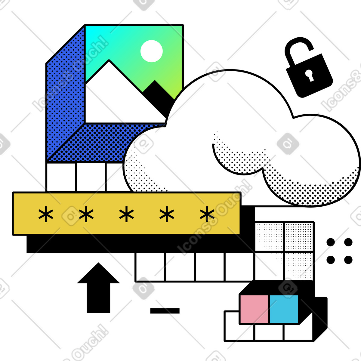 Memphis スタイルの パスワードによるクラウドストレージのセキュリティ のイラストをPNG、SVG形式でダウンロード