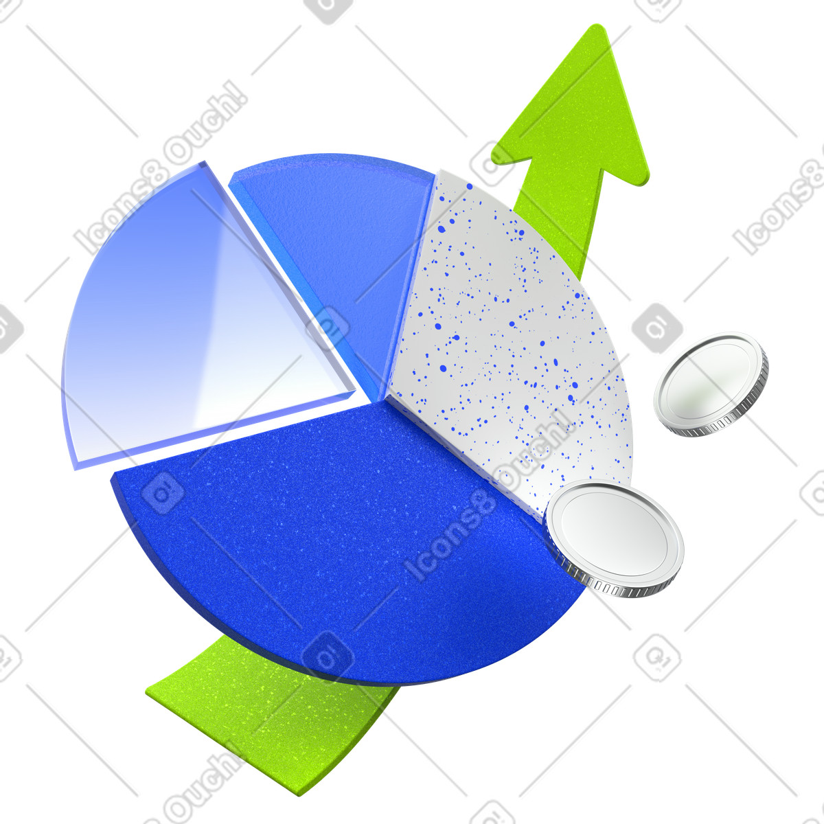 Pie chart with arrow and coins illustrazione in stile 3D Enterprise scarica in PNG, SVG