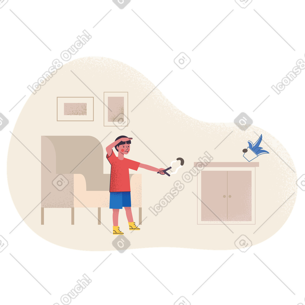 Naughty boy shooting houseplant with a slingshot illustration in Pale style download in PNG, SVG