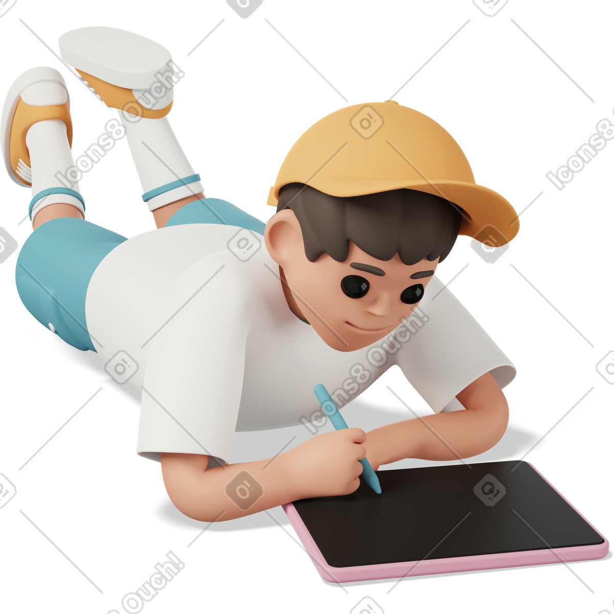 3D Casual life 스타일의 Boy lying on stomach and using tablet with stylus in hand 일러스트레이션 PNG, SVG 다운로드