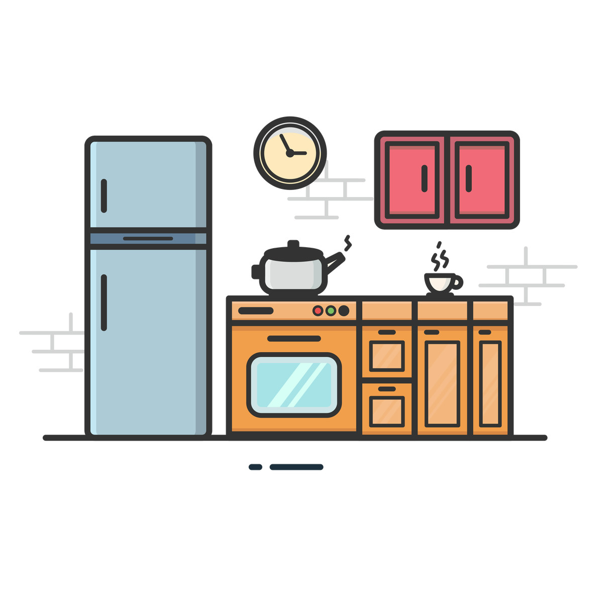 Modern kitchen appliances and cabinets, domestic environment culinary workspace illustration in Gummy style download in PNG, SVG