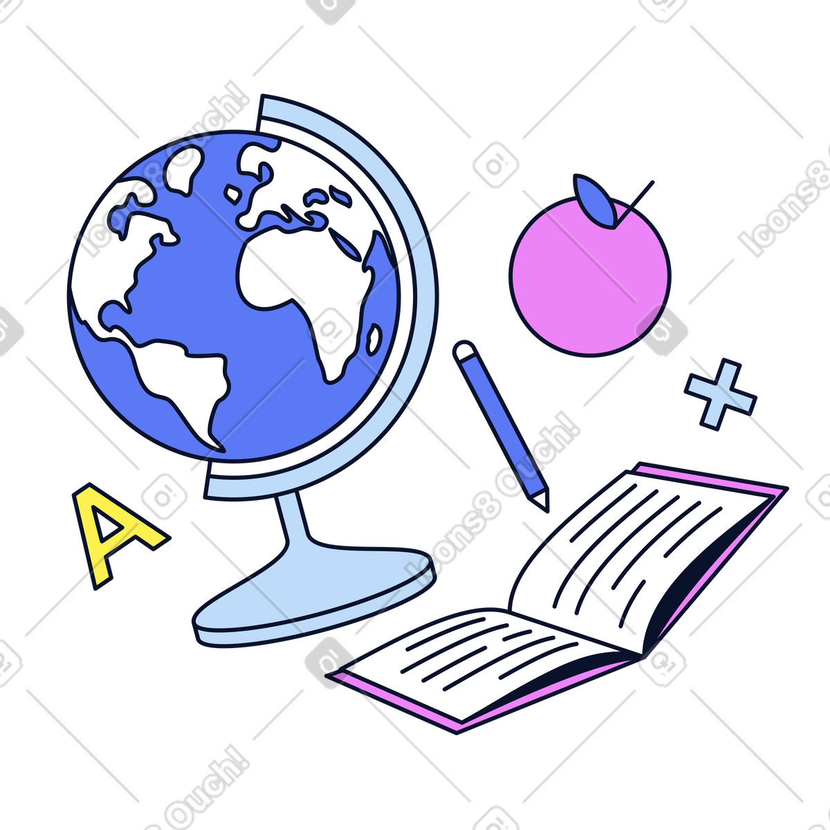 School supplies, globe, copybook illustration in Flexy style download in PNG, SVG