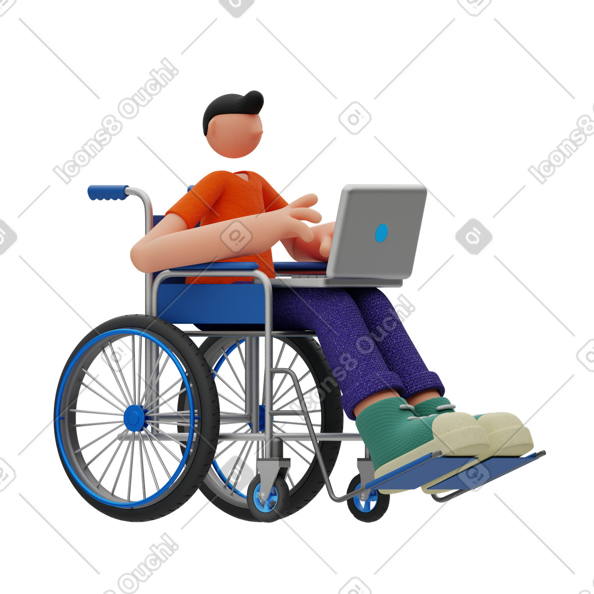 Man with laptop sitting in wheelchair illustration in 3D Rondi style download in PNG, SVG