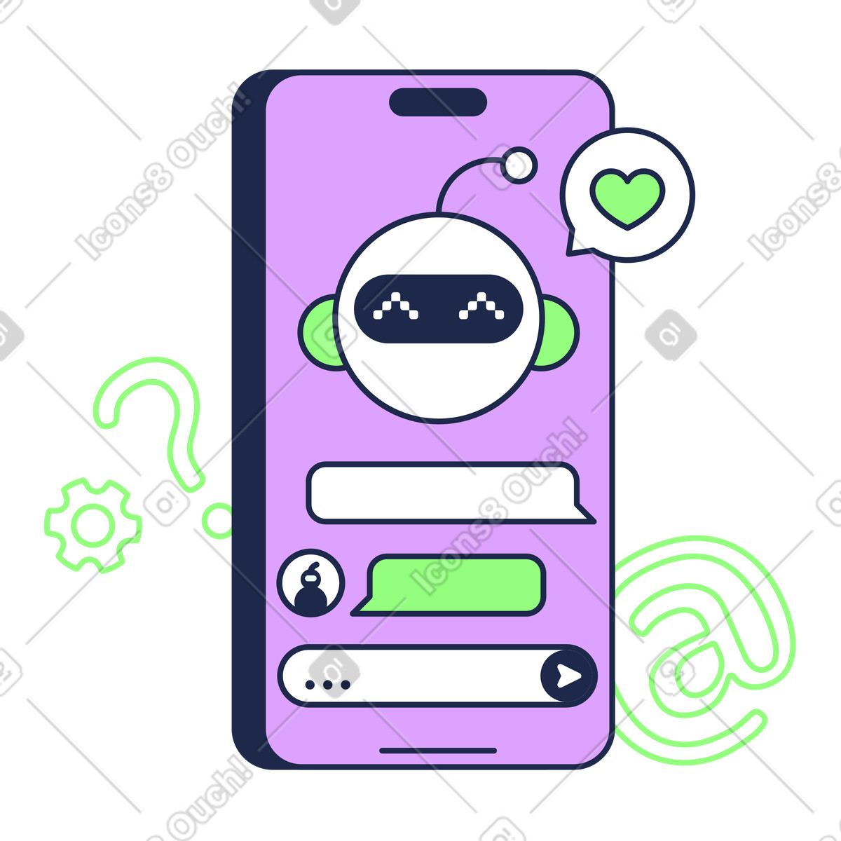 Outline 스타일의 Mobile screen with chatbot interaction, AI-powered virtual helpdesk 일러스트레이션 PNG, SVG 다운로드