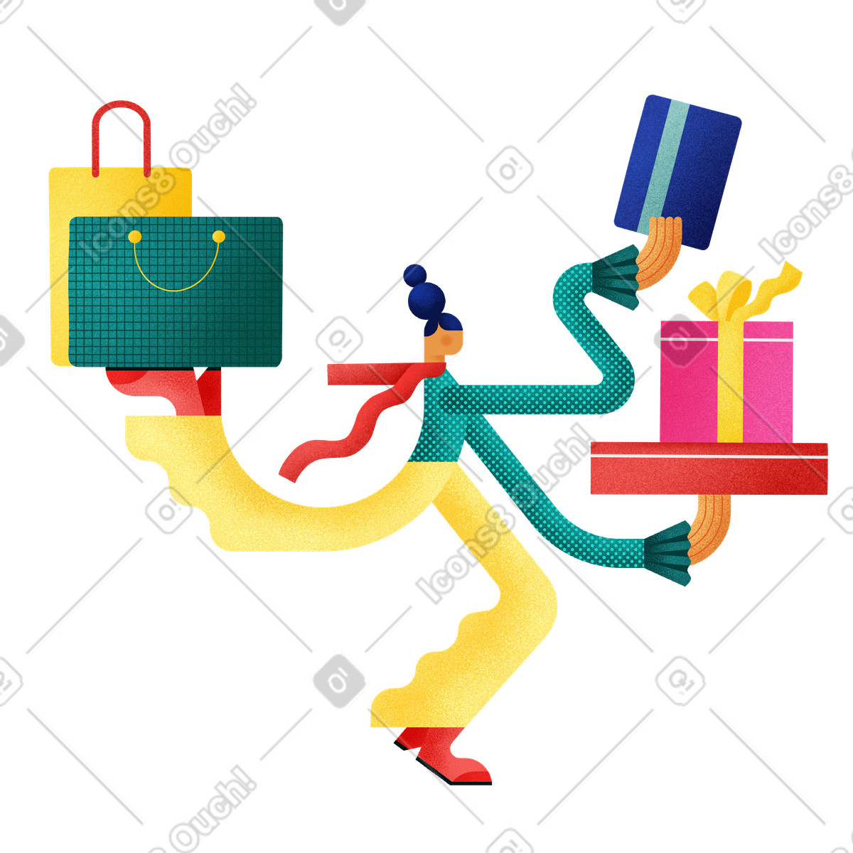 Customer juggling shopping bags and gifts, Festive or retail therapy illustration in Willowy style download in PNG, SVG