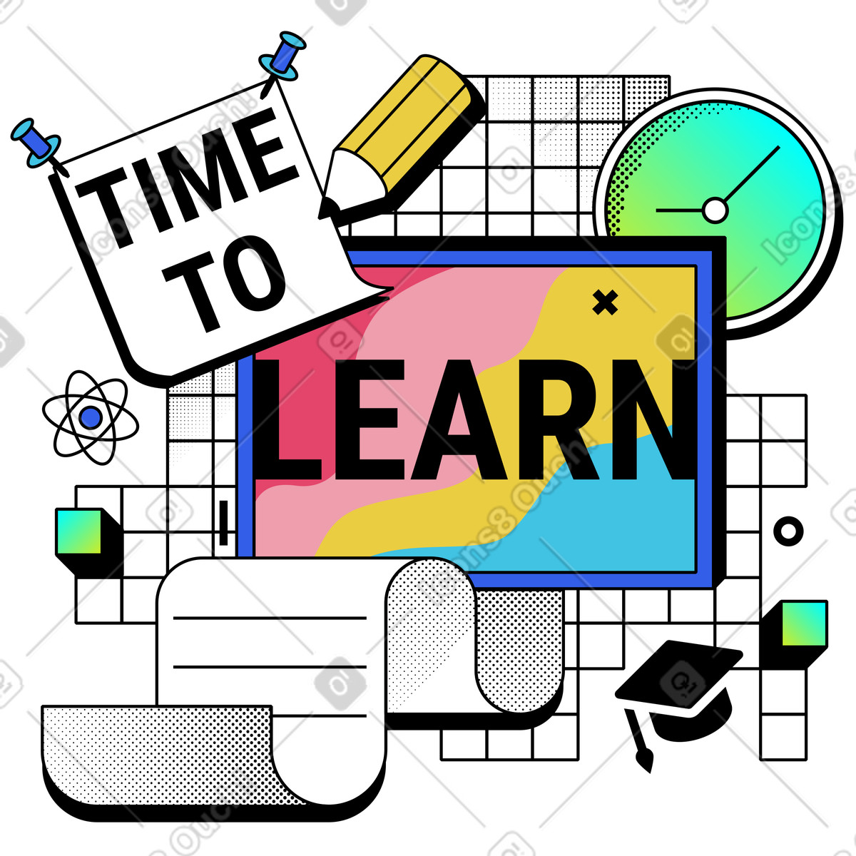 Time to learn with blackboard illustration featuring school supplies clipart for education