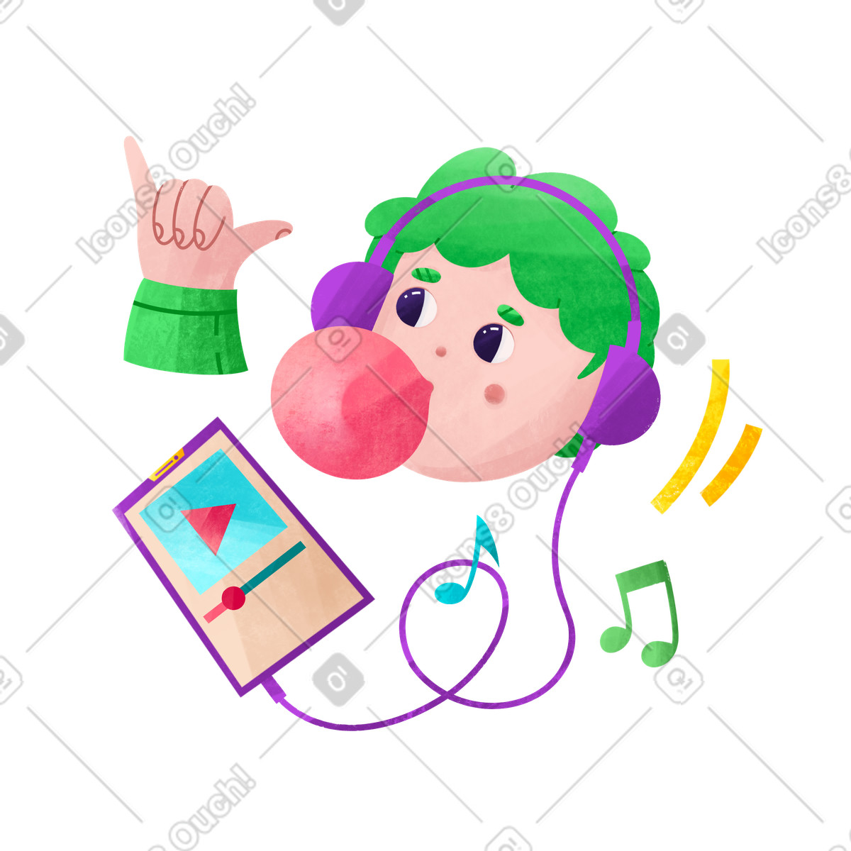Teenager listens to music in headphones and hang loose symbol illustration Bonbon style download PNG, SVG