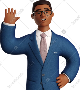 Black businessman in blue suit waving hello PNG, SVG