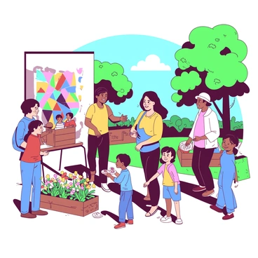 A group of diverse individuals is gathered in a community park, engaging in various acts of kindness. One person is painting a colorful mural on a wall, while another is planting flowers in a garden bed. Nearby, a woman is handing out sandwiches to children, and a man is helping an elderly person carry groceries. Everyone is smiling, and the atmosphere is filled with warmth and camaraderie. In the background, there are trees with lush green leaves and a clear blue sky, creating a vibrant scene of community spirit and togetherness.