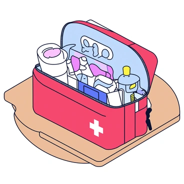 An open emergency kit bag displayed in a home setting. The bag is a bright red color with a sturdy zipper. Inside the bag, there are various first-aid supplies including a roll of white gauze, a small bottle of antiseptic, and adhesive bandages of different sizes. A pair of scissors and a digital thermometer are visible among the items. The bag is positioned on a wooden table, with a soft light illuminating the scene.