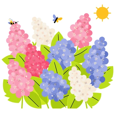 A vibrant garden filled with clusters of hydrangeas in various colors, including shades of pink, blue, purple, and white. The flowers are in full bloom, showcasing large, round flower heads. Each hydrangea cluster stands out against lush green foliage, creating a vivid contrast. Bees and butterflies can be seen flitting among the flowers, adding life to the scene. The sun shines brightly, illuminating the colors of the blooms and enhancing the overall vibrancy of the garden.