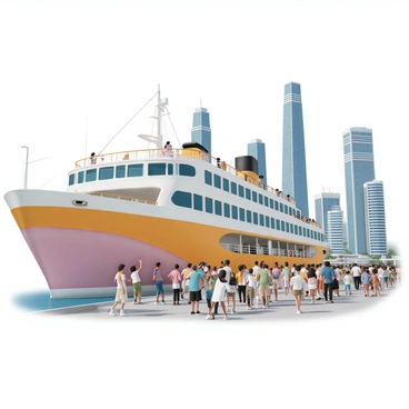 A large ferry, painted in bright colors, is arriving at a bustling city port. The ferry has multiple decks, with passengers visible on the upper levels, some waving and taking pictures. The port is filled with a diverse crowd of people, including families, tourists, and business professionals, all engaged in various activities. In the background, towering skyscrapers dominate the skyline, showcasing a mix of modern architectural styles, with glass facades reflecting the sunlight. The sky is clear, adding to the vibrant atmosphere of the scene.