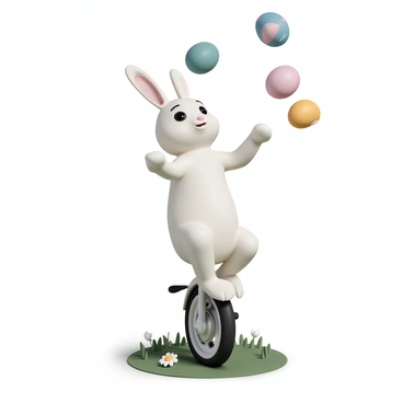 A bunny, with soft white fur and long floppy ears, is skillfully juggling several colorful Easter eggs. The eggs are painted in bright shades of pink, blue, yellow, and green, catching the light as they spin in the air. The bunny is balancing confidently on a unicycle with its feet perched on the pedals. The unicycle is black with a shiny silver rim. The bunny has a playful expression, showcasing its concentration and joy while juggling. The setting is a grassy area, with a few daisies scattered around the base of the unicycle.